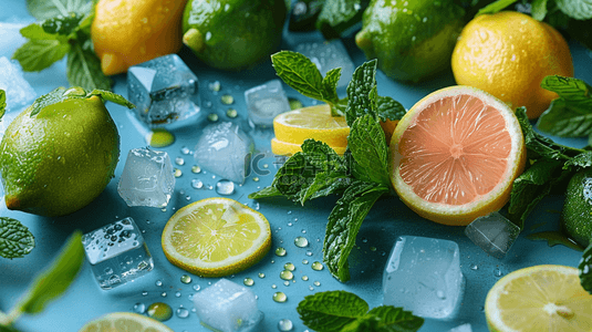 冰块水果背景图片_蓝色夏季清凉冰块柠檬背景