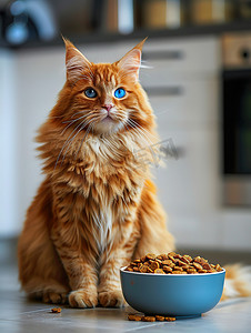 美丽的猫摄影照片_可爱美丽的橘猫和猫粮摄影照片
