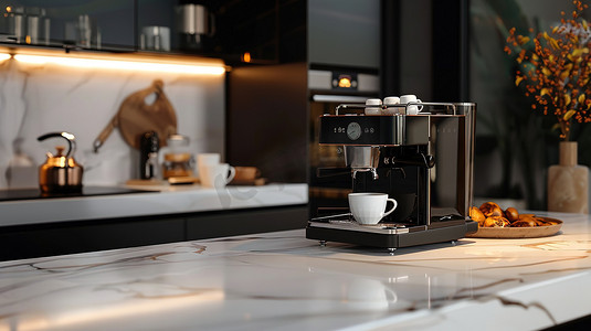 豪华厨房大理石台面咖啡机摄影图