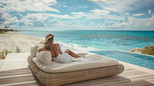 海边情侣沙发蓝天摄影照片
