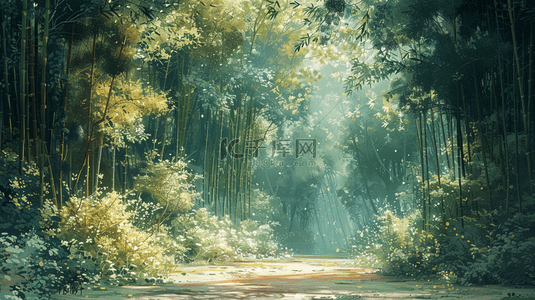 蓝铃花景色背景图片_绿色森林竹子景色风景的背景