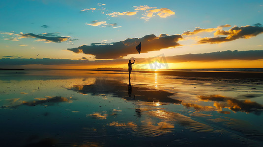 海面云朵夕阳人影摄影照片