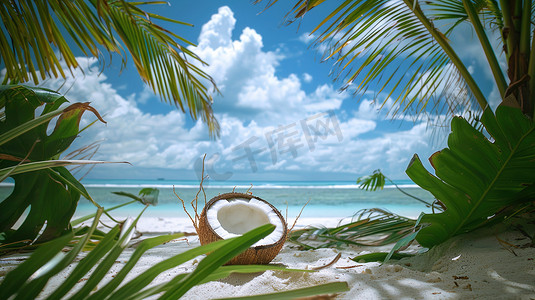 大海沙滩摄影照片_沙滩树木椰子的摄影摄影配图
