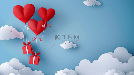 情人节礼物背景图片_纸艺风格的空中红色气球与礼物背景