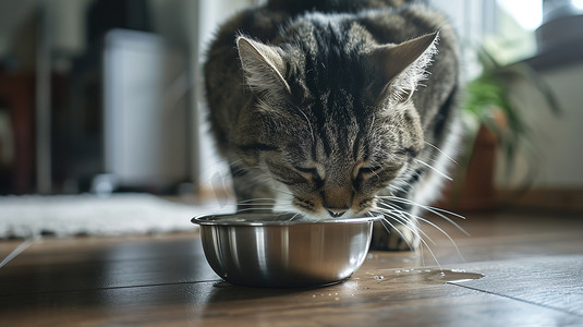 猫咪在喝碗里的水照片