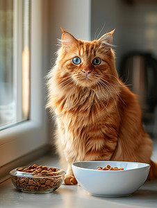 可爱美丽的橘猫和猫粮高清图片