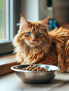 可爱美丽的橘猫和猫粮高清摄影图