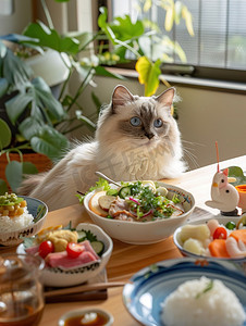 丰盛美食前的猫咪摄影配图