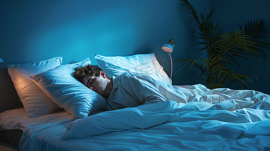 男性睡眠枕头床铺摄影照片