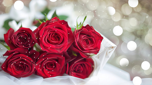 甜蜜七夕摄影照片_桌面上摆放着的红玫瑰图片
