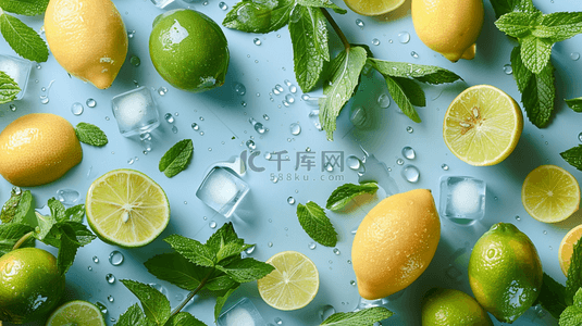 夏季背景图片_蓝色夏季清凉冰块柠檬背景