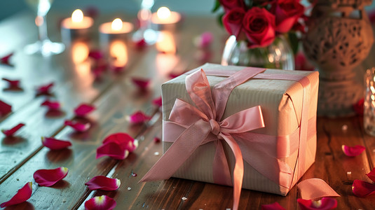 桌子上的蜡烛礼物和花瓣图片