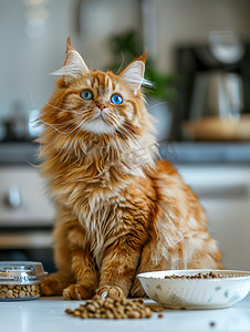 可爱美丽的橘猫和猫粮照片
