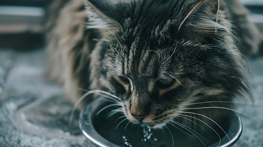 猫咪在喝碗里的水摄影照片