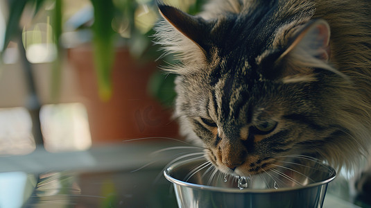 猫咪在喝碗里的水摄影照片