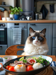 丰盛美食前的猫咪摄影图