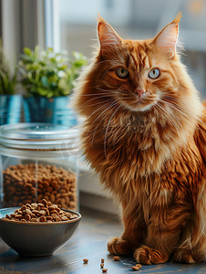 可爱美丽的橘猫和猫粮摄影配图