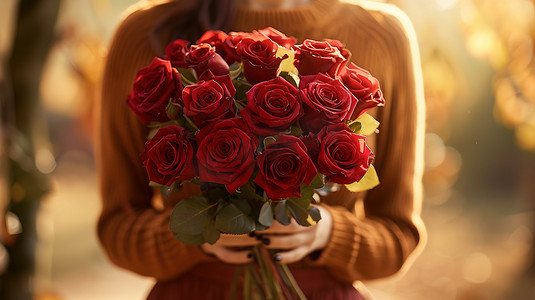 玫瑰花图片摄影照片_女士手拿一束红玫瑰图片