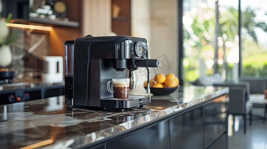豪华厨房大理石台面咖啡机摄影照片
