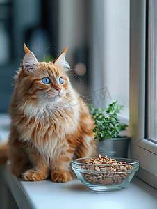 可爱美丽的橘猫和猫粮照片