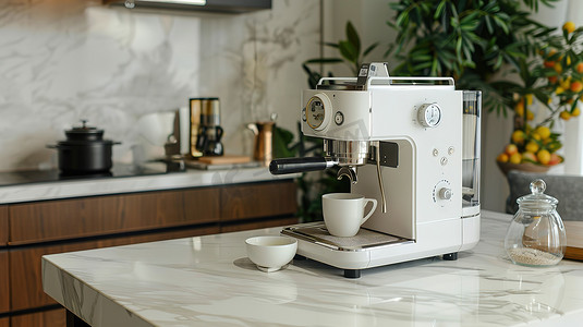 豪华厨房大理石台面咖啡机摄影配图