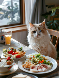 丰盛美食前的猫咪摄影配图