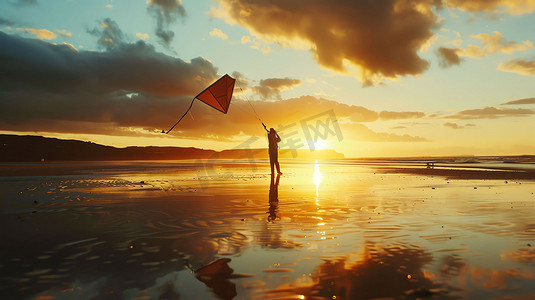 夕阳海面摄影照片_海面云朵夕阳人影摄影照片