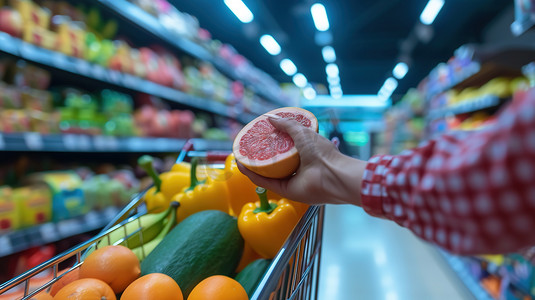 水果货架摄影照片_超市购物车水果的摄影摄影配图
