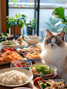 丰盛美食前的猫咪摄影图