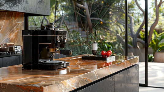 豪华厨房大理石台面咖啡机高清摄影图