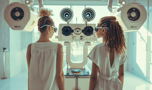 弱视图片摄影照片_年轻女性站在验光机器前准备检查视力