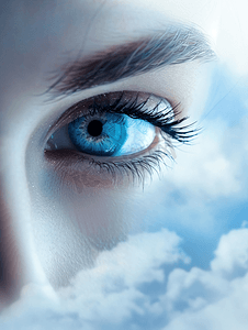 眼睛健康多云天空背景上的女蓝眼睛