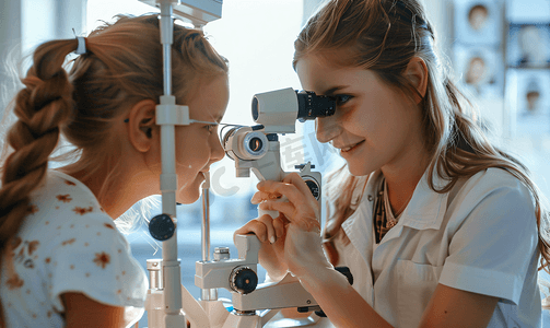 专业机构验光师为小女孩检查视力