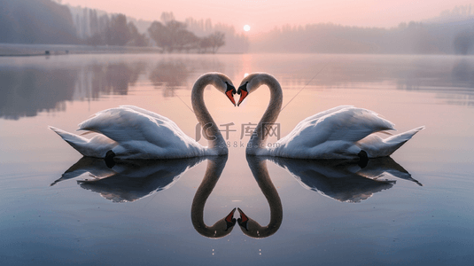 白天鹅背景图片_湖面上两只天鹅结成心形背景
