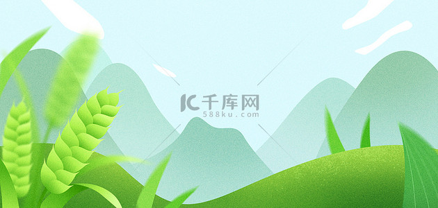 千库原创小满背景图片_小满麦穗山绿色扁平插画麦穗山川丰收背景