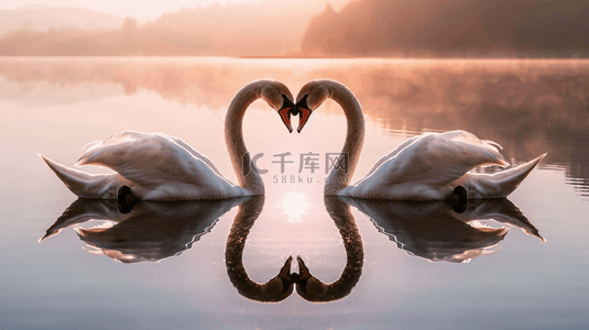 白天鹅背景图片_湖面上两只天鹅结成心形背景