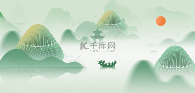 端午节粽子山水浅绿色弥散风端午赛龙舟图片