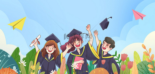 学士服背景图片_毕业季学生花草蓝绿色手绘卡通毕业季欢呼背景图