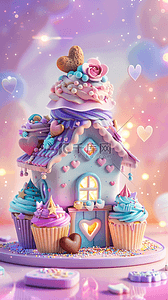 小甜点背景背景图片_六一儿童节卡通粉彩3D冰淇淋小屋子背景