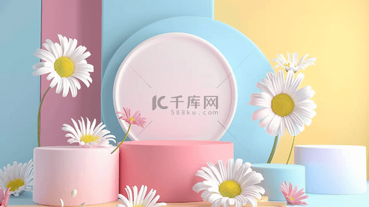 柔和粉彩白色雏菊3D产品展示台背景图片