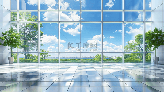 蓝天背景图片_商务空间大玻璃窗框夏天风景场景背景图