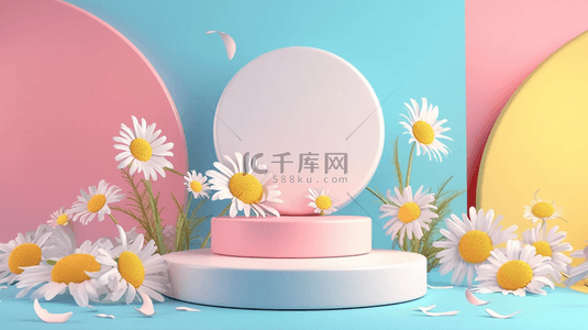 粉色展示台背景图片_柔和粉彩白色雏菊3D产品展示台2背景
