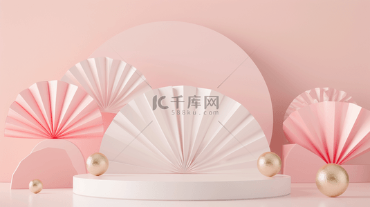 产品扇子背景图片_618粉白色中式扇子产品展示台图片