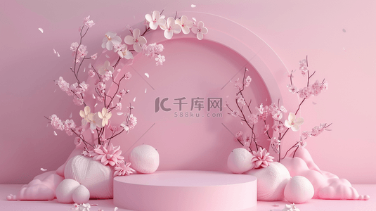 粉色大促背景背景图片_3D粉色质感花朵电商圆展台背景