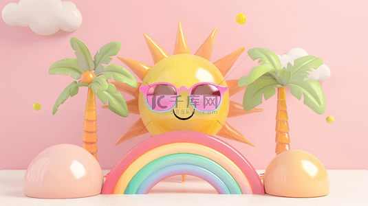 可爱3D夏天戴着墨镜的太阳和彩虹背景图片