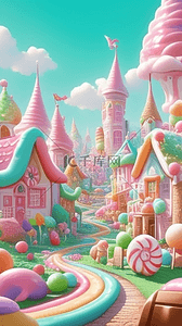 卡通城堡图片背景图片_六一儿童节粉彩卡通3D糖果城堡图片