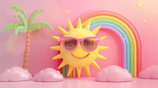 可爱3D夏天戴着墨镜的太阳和彩虹图片