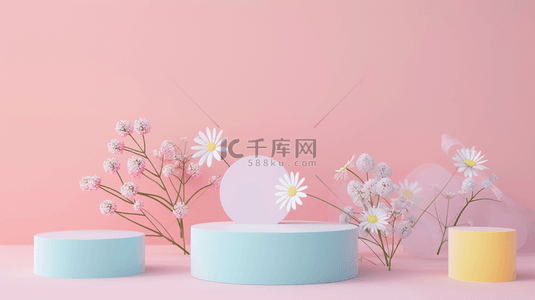 大促化妆品背景图片_柔和粉彩白色雏菊3D产品展示台图片