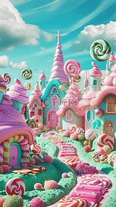 城堡卡通图片背景图片_六一儿童节粉彩卡通3D糖果城堡图片