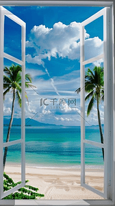 椰子树素材背景图片_夏天风景海边大窗海景海边场景背景素材